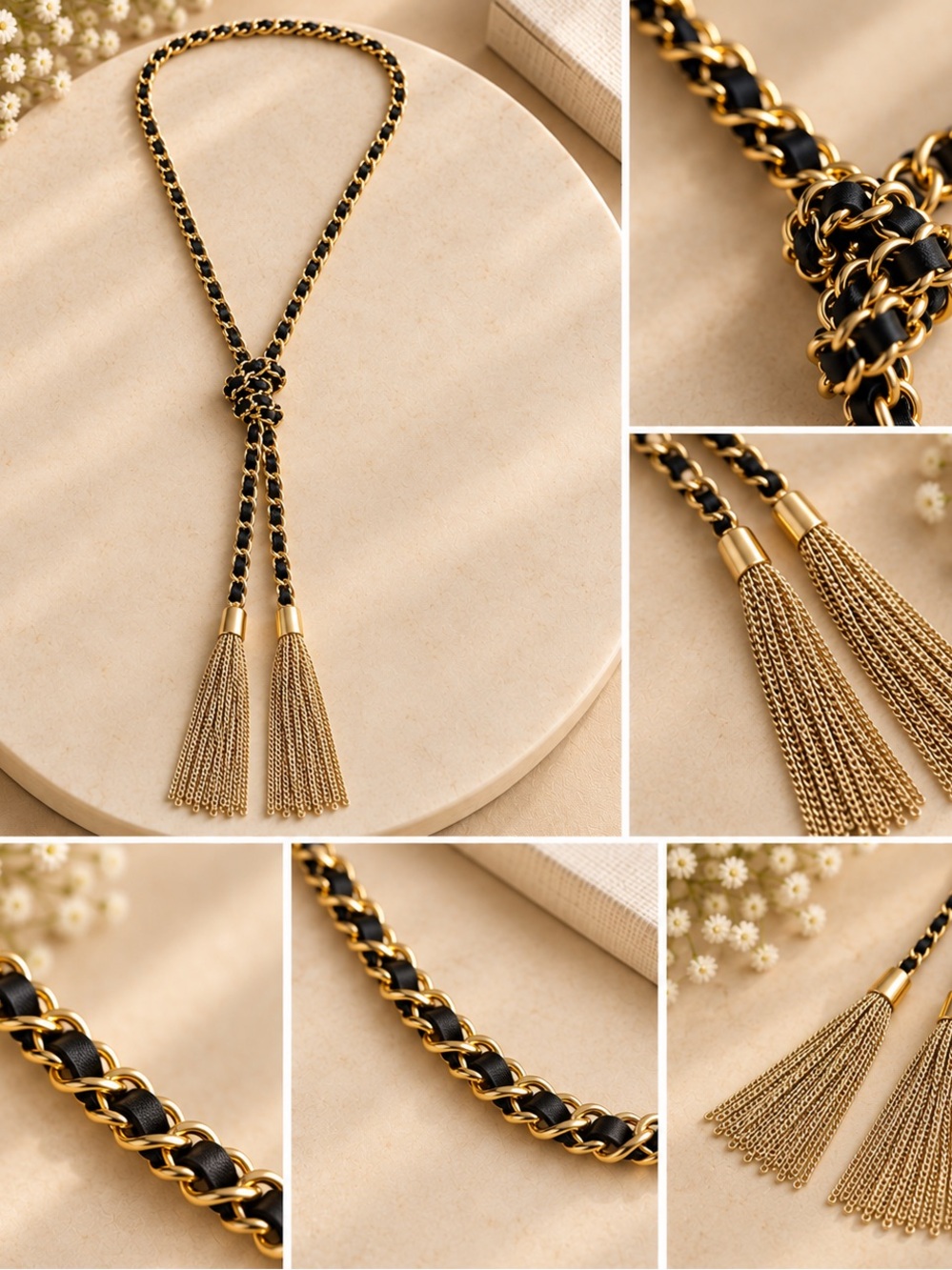 Black and Gold Knotted Tassel Necklace - Designer Style